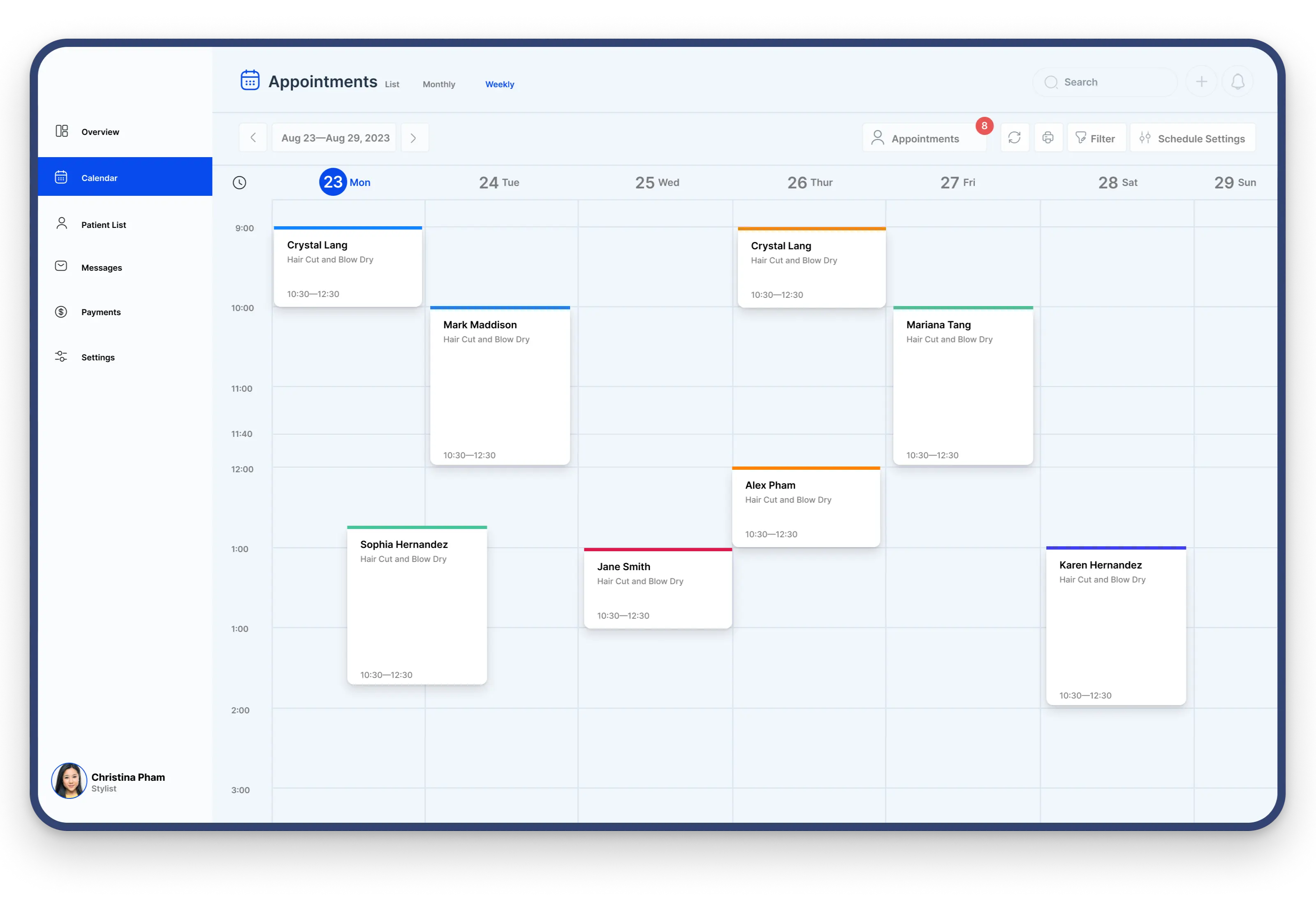 Tablet application showing appointments view